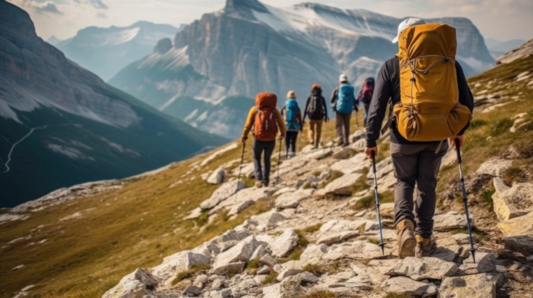 Group hiking in mountainous terrain