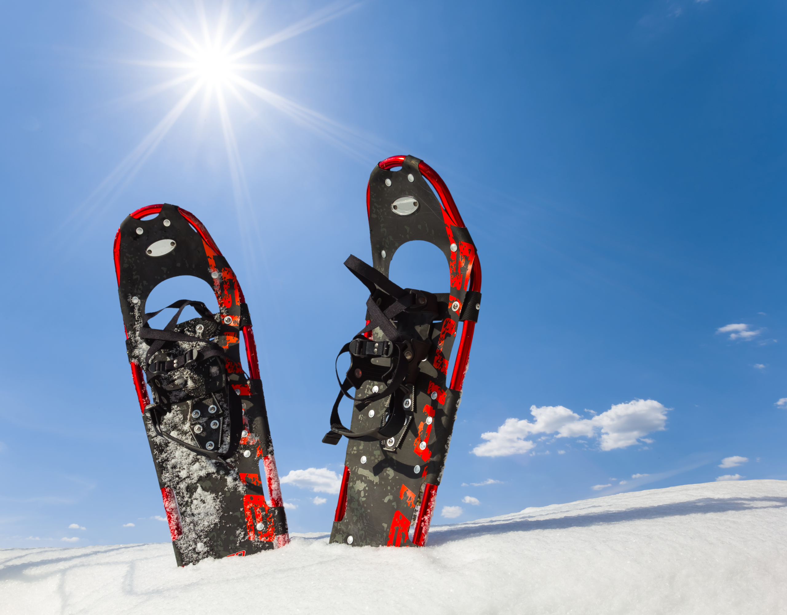 Snowshoes in snow under sunny sky.