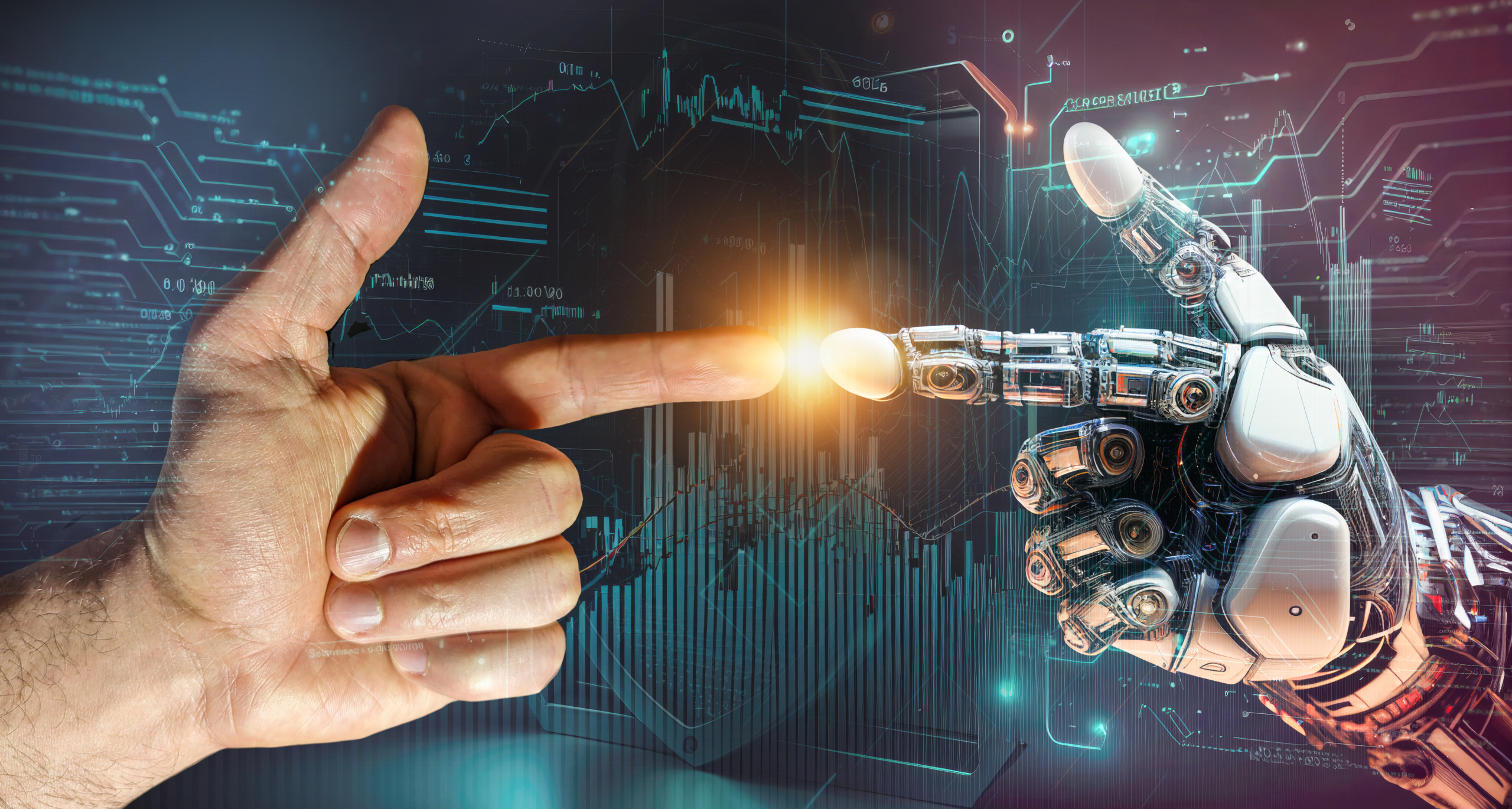 Human hand touching robot finger amidst digital graphics.