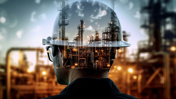 Engineer with industrial plant reflection in helmet.