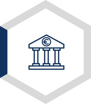 Bank icon inside hexagon shape.