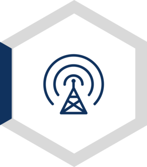 Hexagon with signal tower icon.