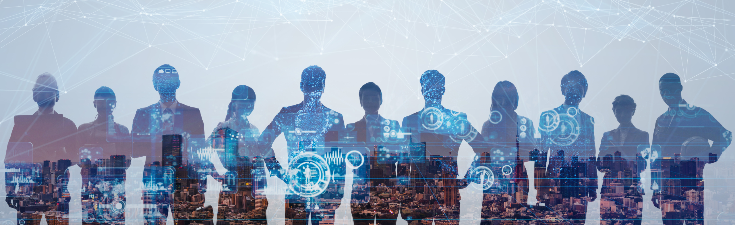 Digitale Transformation mit vernetzten Menschen und Technologien vor einer Stadtsilhouette.