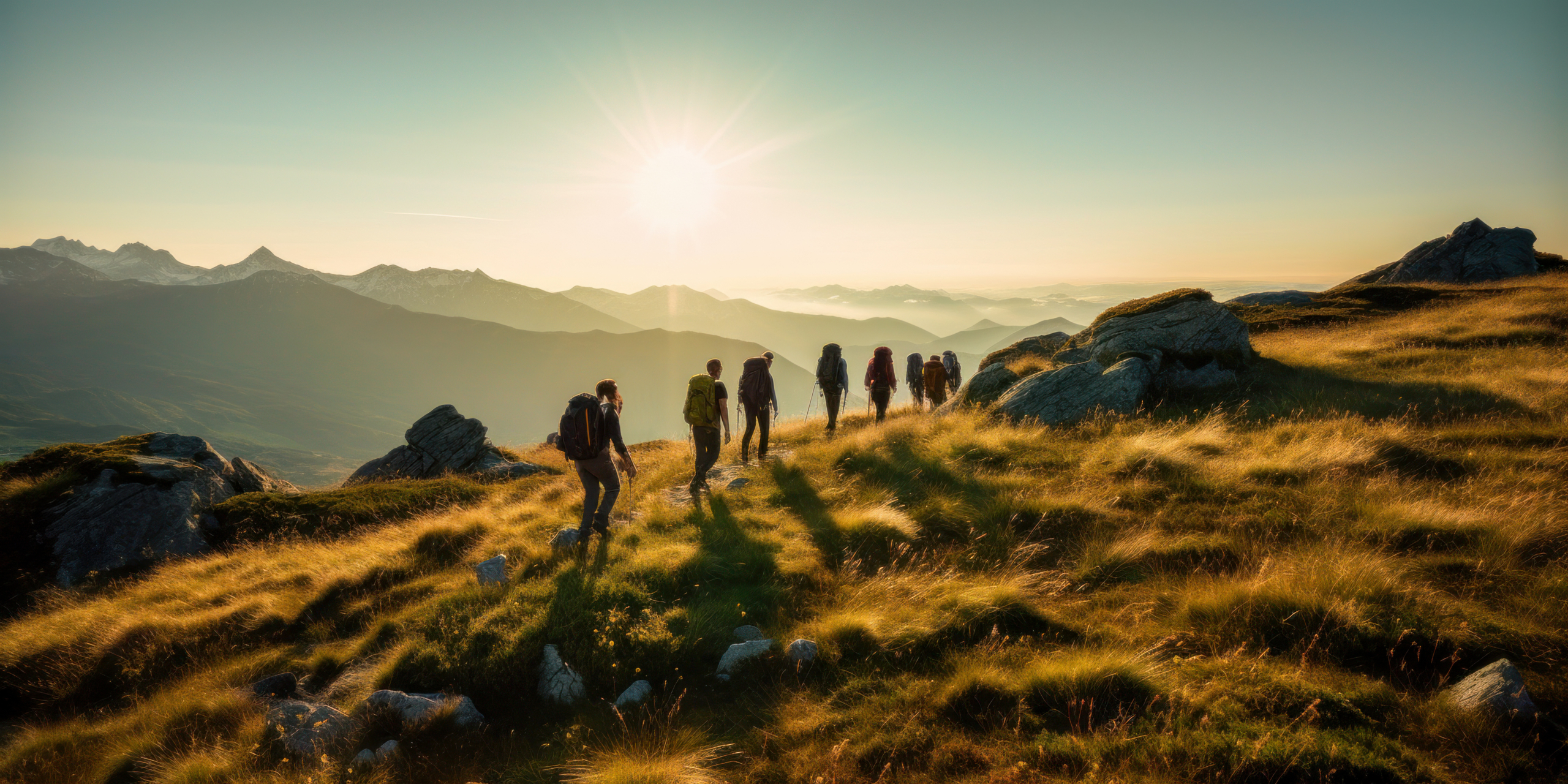 Hikers at sunrise in mountainous landscape.
