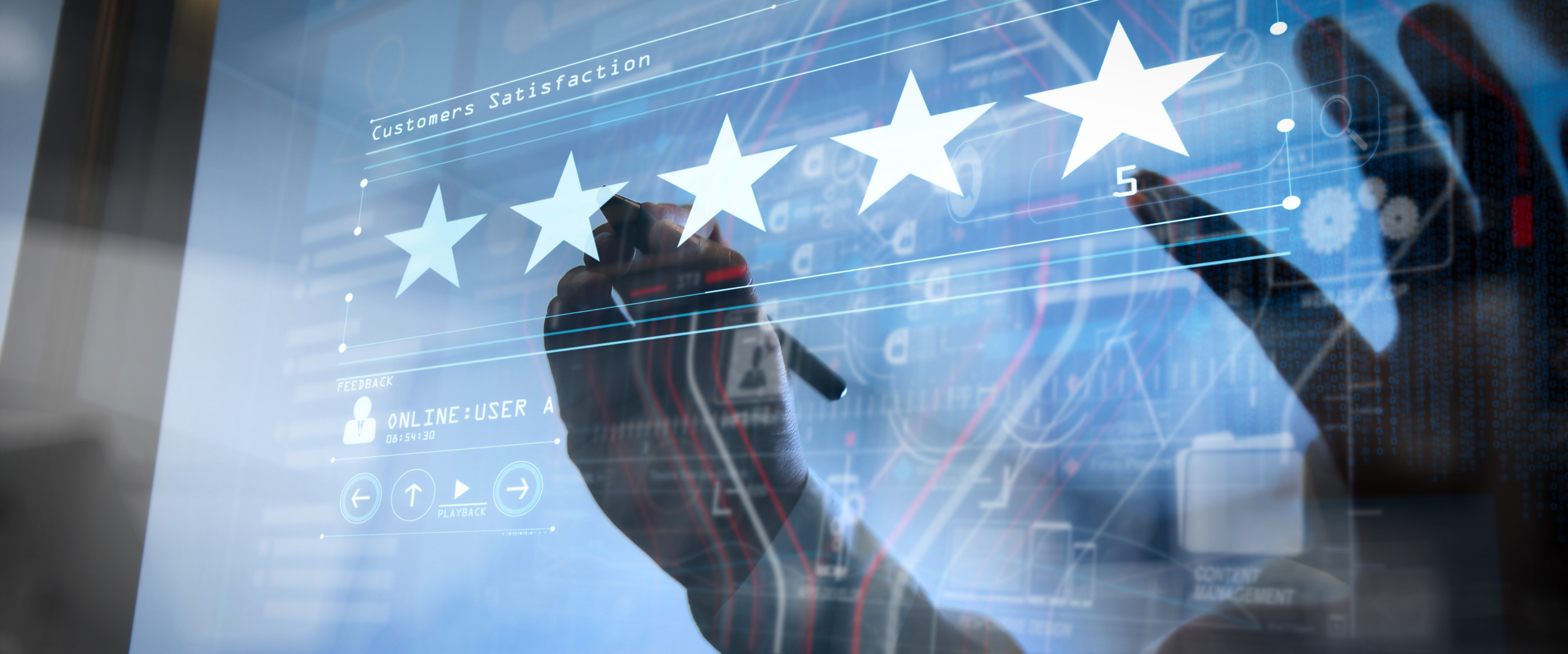 five stars (5) rating with a businessman is touching virtual com