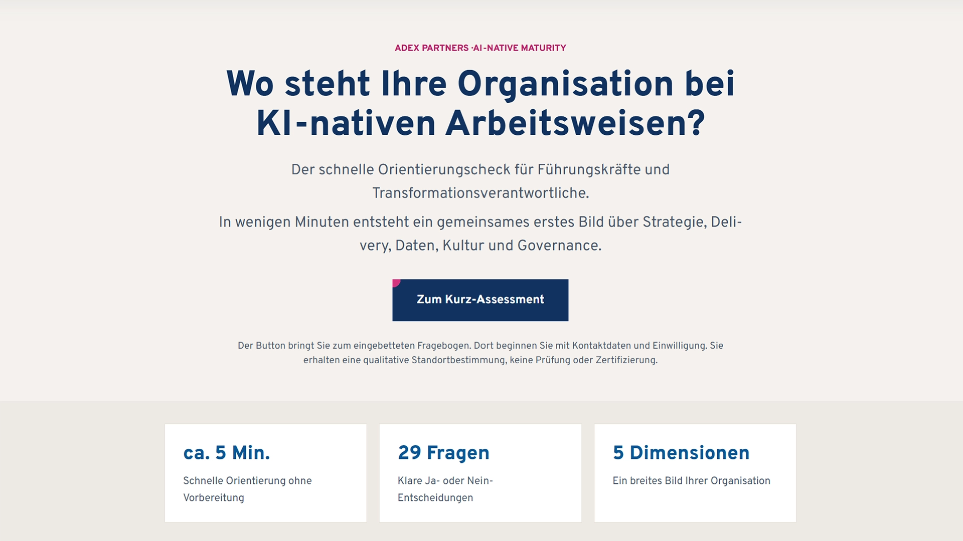 Grafik zum AI-native Maturity Self-Assessment von AdEx Partners mit Informationen zum Kurz-Assessment für Führungskräfte und einem Button zum Start des Assessments.