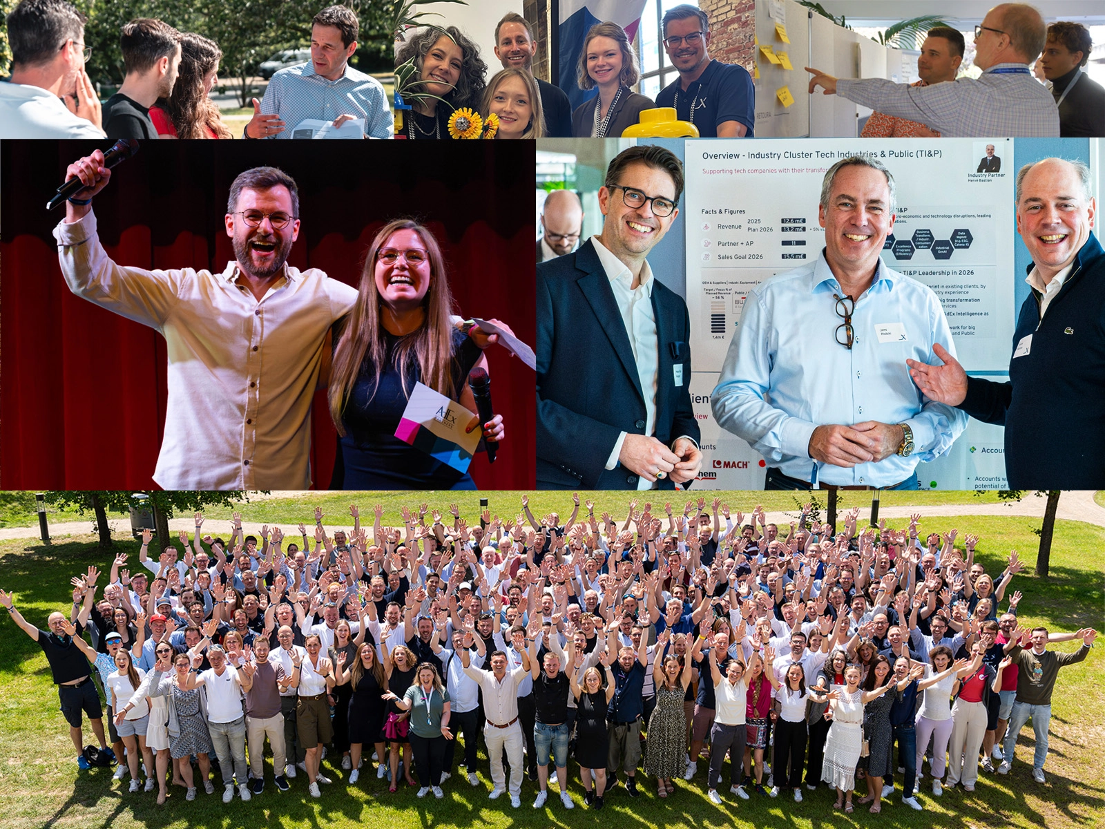 Bildcollage mit Mitarbeitenden von AdEx Partners bei Veranstaltungen, Teamaktivitäten und Kundenevents.