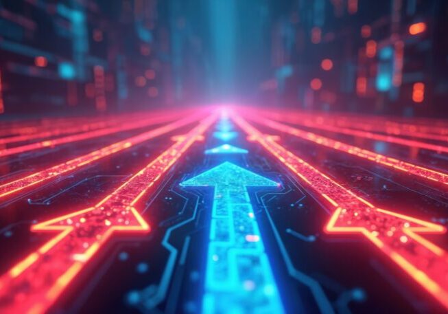 Futuristic digital landscape featuring neon arrows pointing forward. Abstract business transformation concept illustrating growth strategy, market expansion, development corporate advancement. Tech